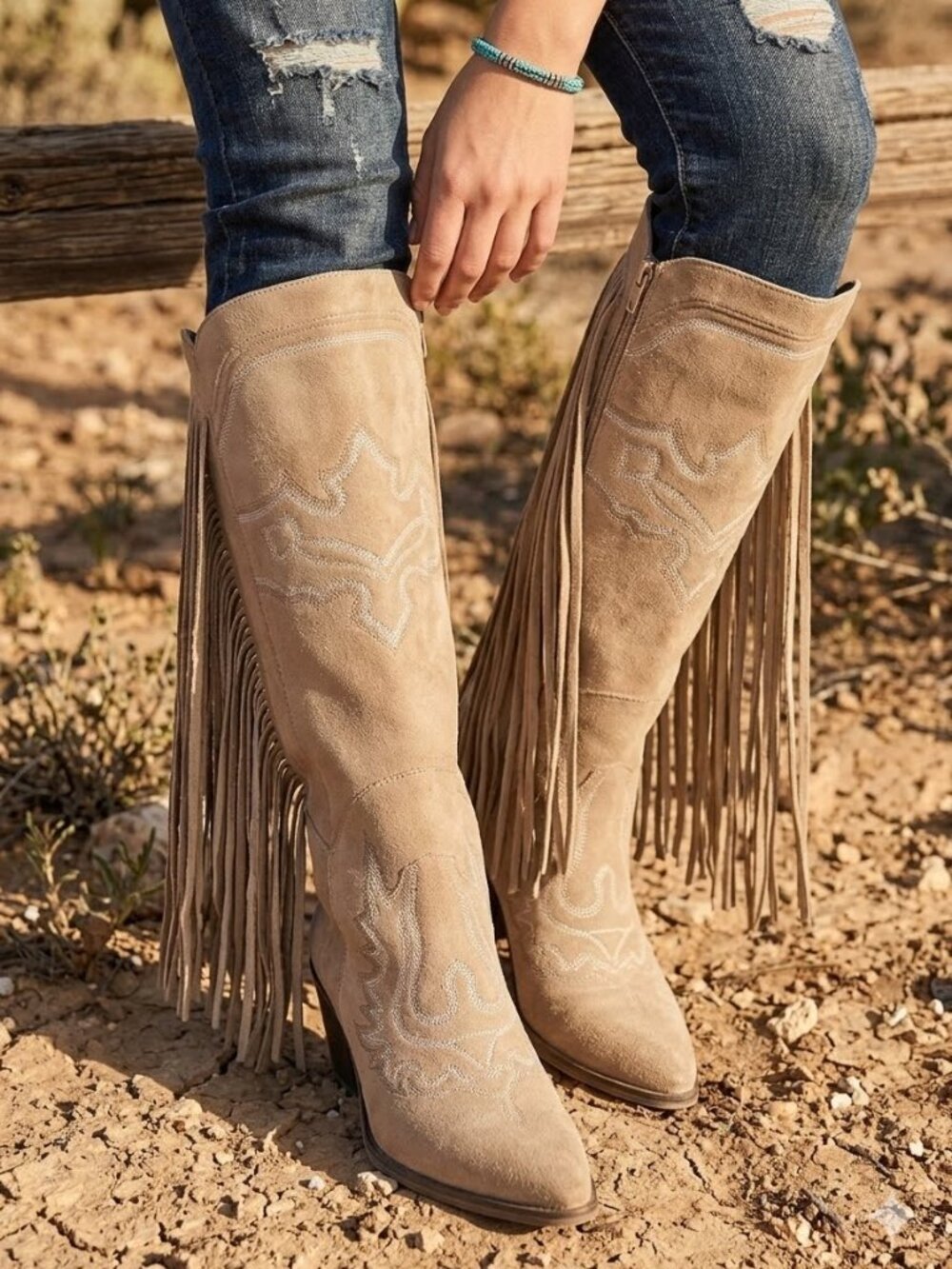 Knee High Fringe Embroidered Cowgirl Boots - Picture 2 of 6